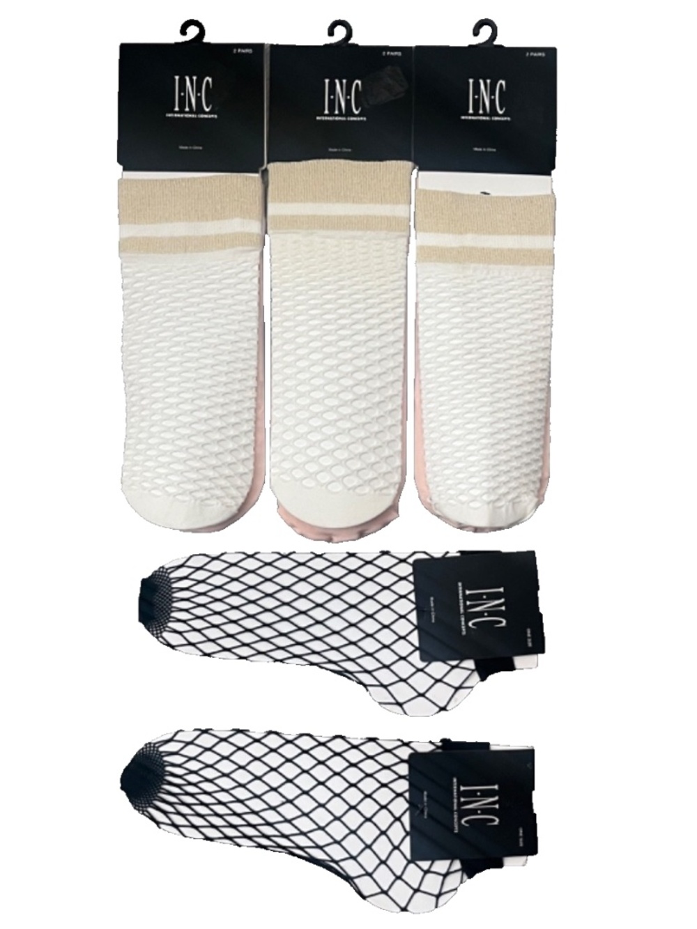 INC International Concepts Women's 8-Pairs Varsity/Fishnet Socks, White/Pink/Blk